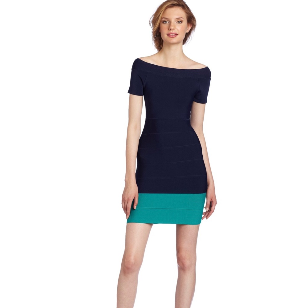 bcbg blue bandage dress Max Azria body con navy & teal ASO Katherine Pierce - 100% Polyester Imported Machine overalls Color:Black/Green